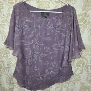 PAPELL DRESS BARN 100% SILK LILAC FLORAL BEADED LINED PONCHO BLOUSE SZ 12 EUC